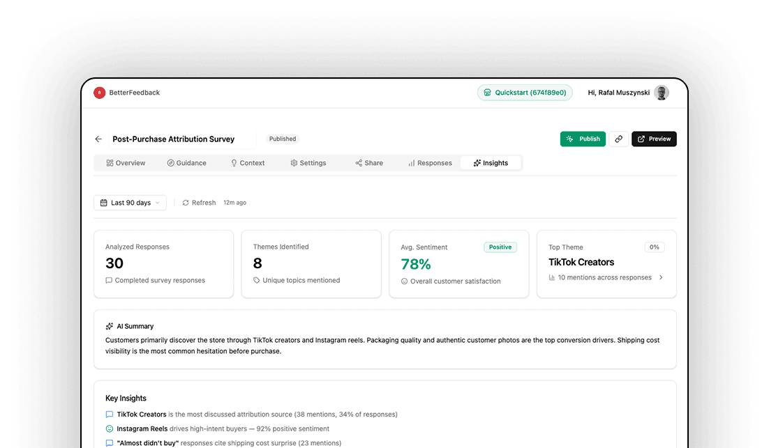 BetterFeedback insights dashboard grouping responses by theme