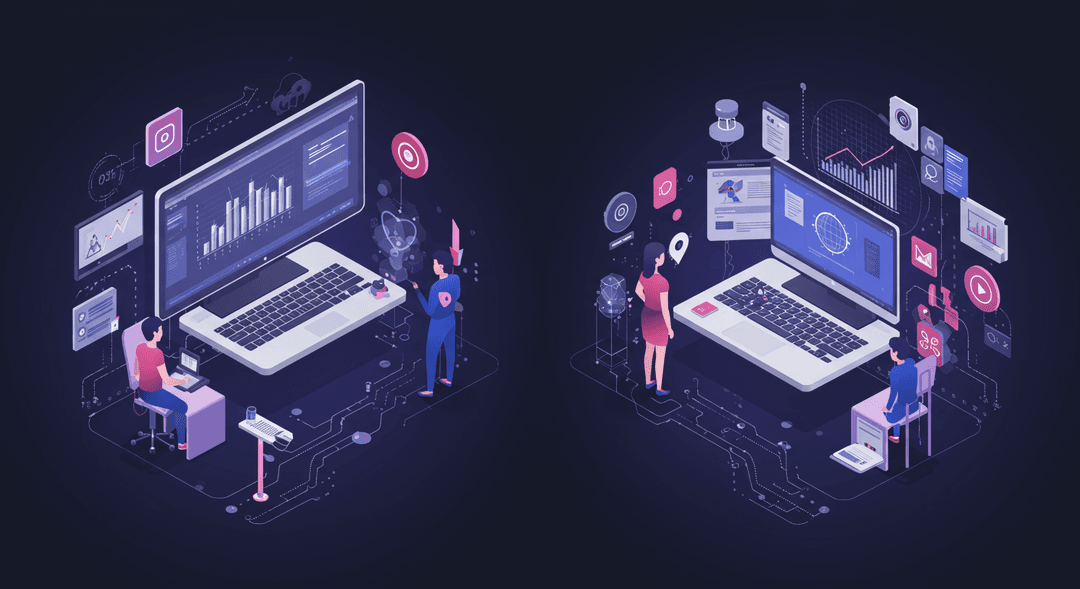 Businesswoman working on a laptop and analyzing data in a modern office.